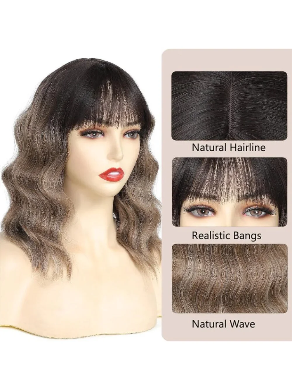 Women's Ombre Brown 14 Inch Heat Resistant Short Wavy Hair Pastel Bob Wig Bangs